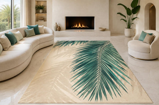 ICE ARMOR "Ultra Lightweight Large 6'7" x 9'10" Minimal Palm Leaf Area Rug for Living Room, Bedroom and Home Office, Soft Low Pile Carpet with Non-Slip Silicone Backing, Teal and Cream