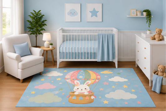 ICE ARMOR 5' x 7' Bunny Hot Air Balloon Area Rug for Nursery Room, Cute Pastel Clouds and Stars Adventure Design, Baby Bedroom Decor, Non-Slip Silicone Backing Low Pile