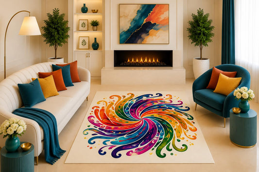 ICE ARMOR "Ultra Light Weight 5' x 7' Rainbow Swirl Abstract Area Rug Colorful Boho Spiral Art Decor for Living Room Bedroom Playroom Office Non-Slip Silicone Backing Low Pile