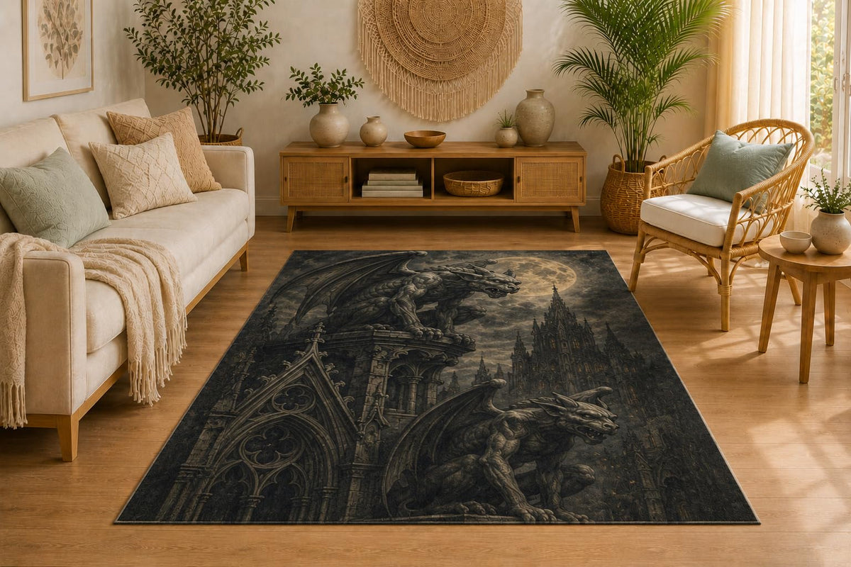 ICE ARMOR 5' x 7' Gothic Gargoyle Castle Area Rug for Living Room, Soft Low Pile Indoor Rug with Non-Slip Silicone Backing, Carpet for Bedroom, Office, Black