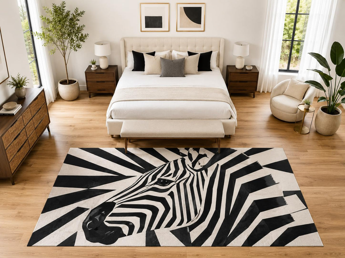 ICE ARMOR "Ultra Light Weight Large 6'7" x 9'10" Zebra Face Area Rug Carpet Soft Low Pile Indoor Rug and Non-Slip Silicone Backing Black White