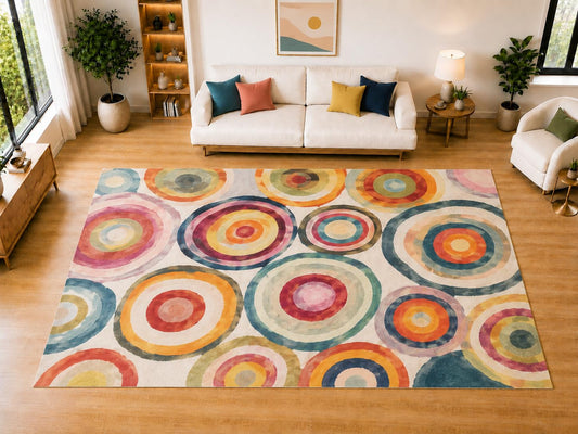 ICE ARMOR "Ultra Light Weight Large 6'7 x 9'10 Watercolor Circle Rings Area Rug for Living Room, Dining Room, and Bedroom, Soft Low Pile Indoor Rug, Artistic Floor Decor