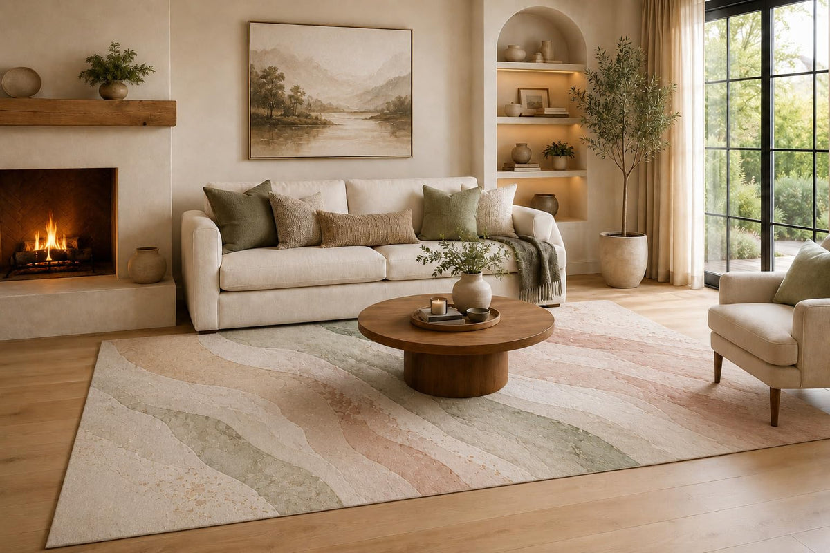 ICE ARMOR Large 6'7" x 9'10" Blush Pink and Cream Gentle Ribbon Waves Area Rug for Living Room, Soft Low Pile Carpet with Non-Slip Silicone Backing, Decor for Bedroom, Dining Area and Home Office