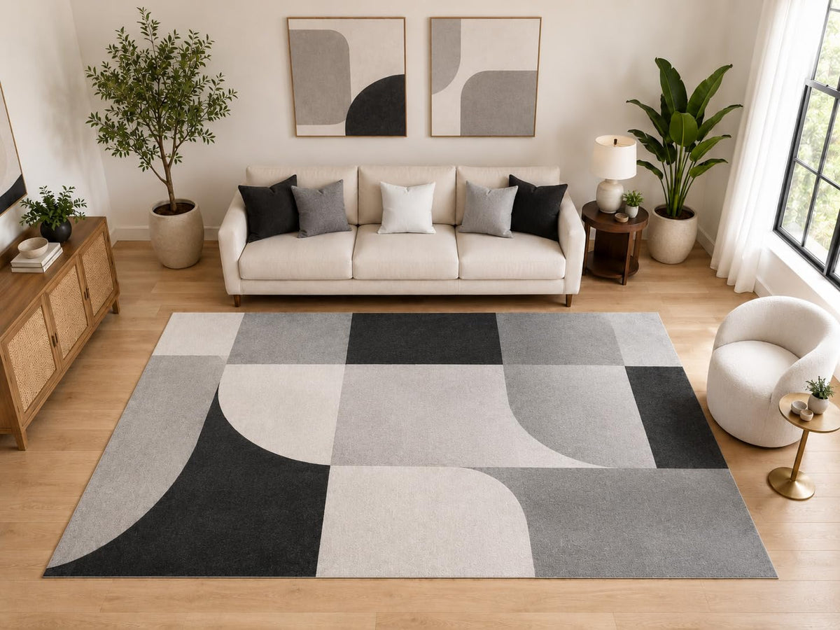 ICE ARMOR "Ultra Light Weight Large 6'7" x 9'10" Geometric Curved Block Area Rug, Soft Low Pile Indoor Rug and Non-Slip Silicone Backing for Living Room Office, Gray