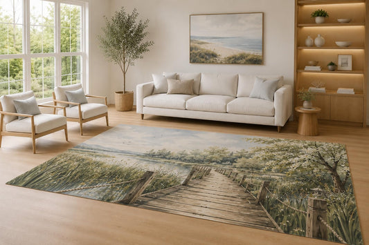ICE ARMOR Large 6'7" x 9'10" Sage Green and Brown Wooden Boardwalk Area Rug for Living Room, Soft Low Pile Carpet with Non-Slip Silicone Backing, Decor for Bedroom and Home Office