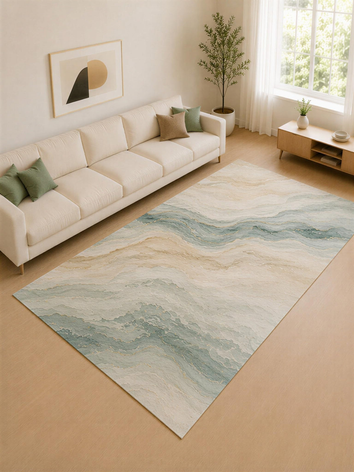 ICE ARMOR Large 6'7" x 9'10" Sage and Ivory Layered Waves Area Rug for Living Room, Soft Low Pile Carpet with Non-Slip Silicone Backing, Decor for Bedroom and Home Office