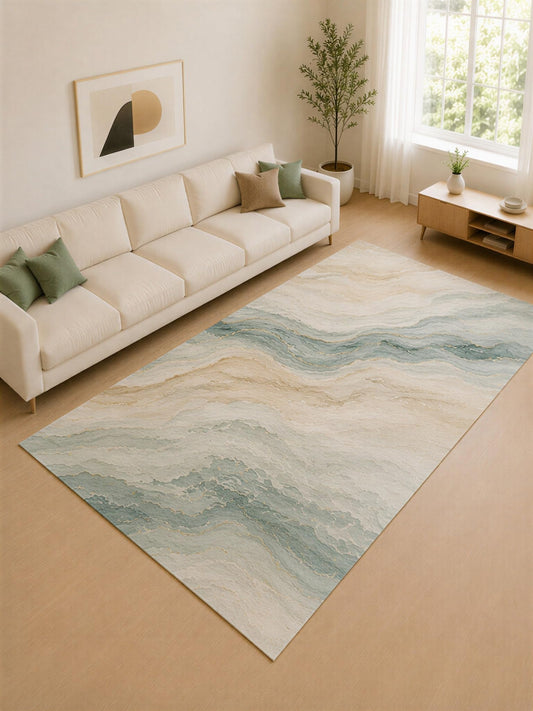 ICE ARMOR Large 6'7" x 9'10" Sage and Ivory Layered Waves Area Rug for Living Room, Soft Low Pile Carpet with Non-Slip Silicone Backing, Decor for Bedroom and Home Office