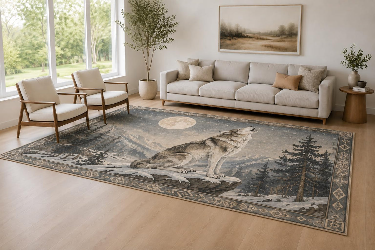 ICE ARMOR Large 6'7" x 9'10" Gray and Cream Moon Wolf Accent Area Rug for Living Room, Soft Low Pile Carpet with Non-Slip Silicone Backing, Decor for Bedroom and Home Office