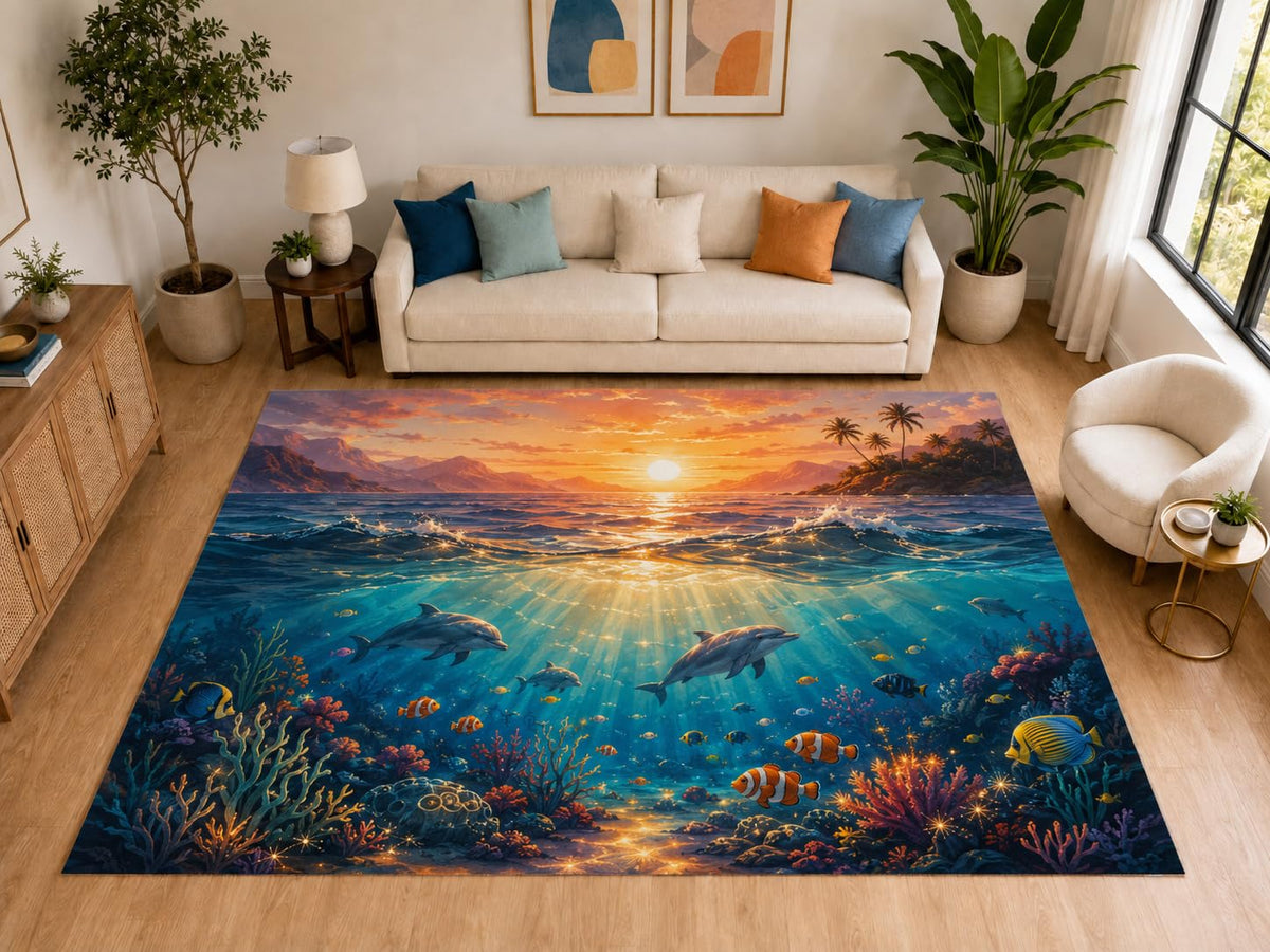 ICE ARMOR "Ultra Light Weight Large 6'7" x 9'10" Ocean Sunset Dolphins Reef Area Rug for Living Room, Soft Low Pile Indoor Rug and Non-Slip Silicone Backing, Blue