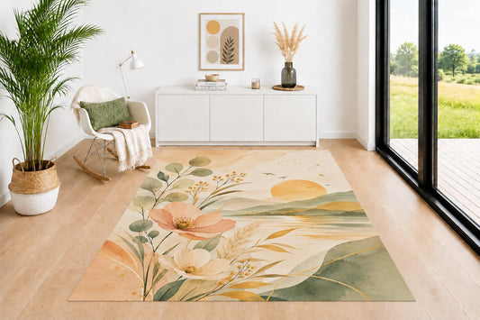 ICE ARMOR 5' x 7' Tropical Garden Area Rug, Banana Palm and Stone Pattern in Sage Green Beige Cream Earth Tones, Neutral Floor Carpet for Living Room Bedroom Office Decor