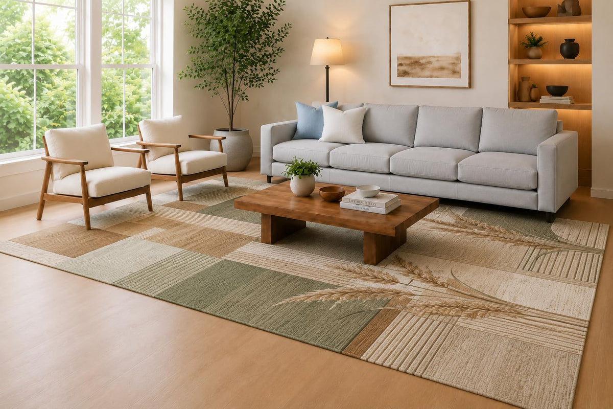 ICE ARMOR Large 6'7" x 9'10" Sage Green, Beige and Cream Wheat Blocks Area Rug for Living Room, Soft Low Pile Carpet with Non-Slip Silicone Backing, Decor for Bedroom, Dining Area and Home Office