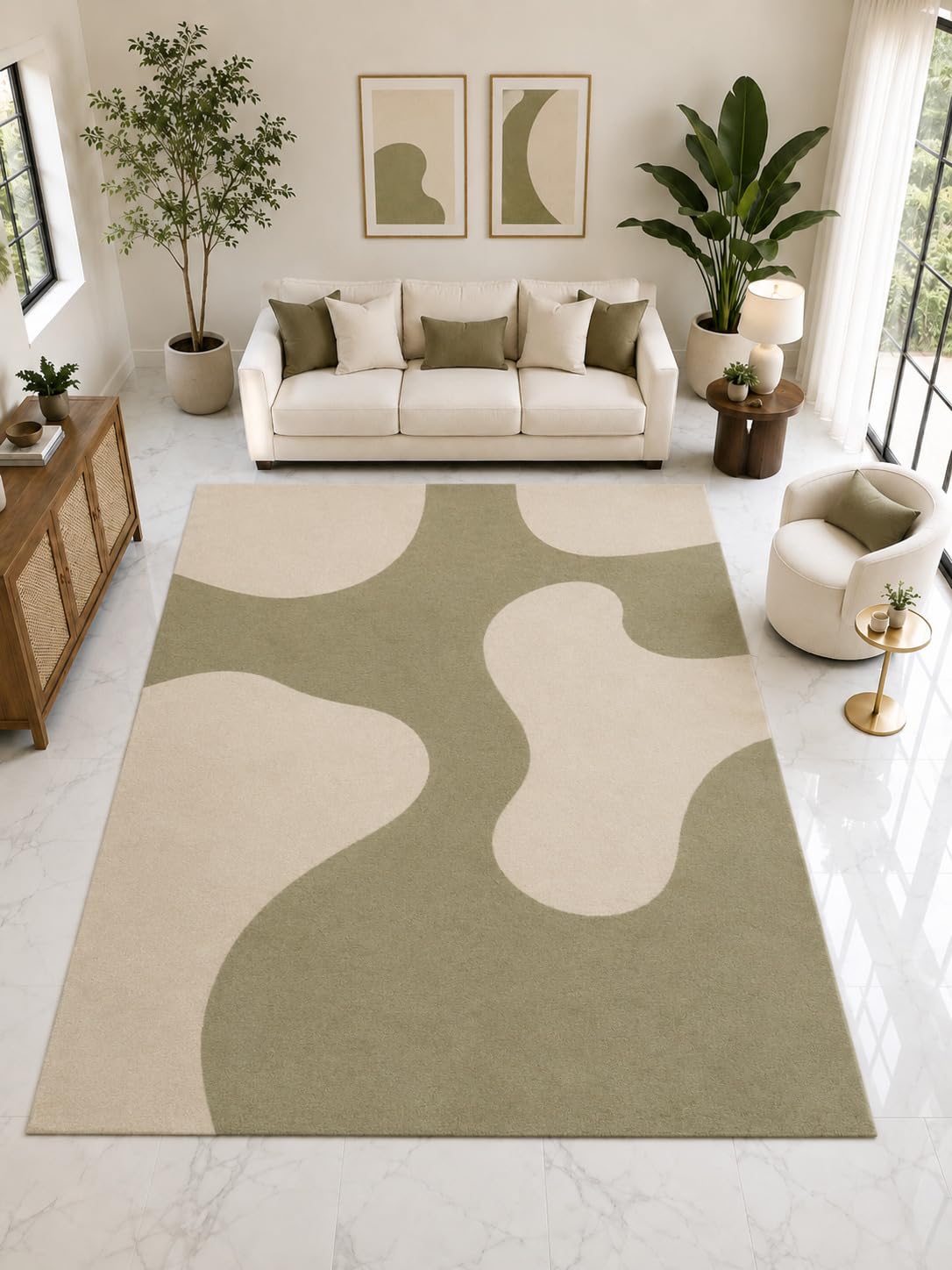 ICE ARMOR Large 6'7" x 9'10" Abstract Organic Shape Area Rug, Soft Low Pile Indoor Rug with Non-Slip Silicone Backing for Living Room, Beige Olive