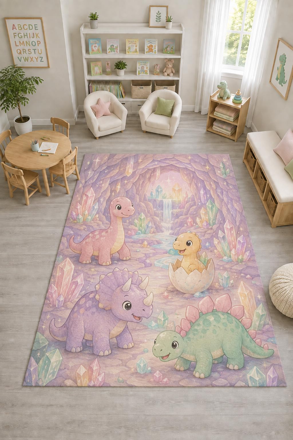 ICE ARMOR "Ultra Light Weight Large 6'7" x 9'10" Crystal Dinosaur Rug, Soft Low Pile Indoor Rug, Non-Slip Silicone Backing Nursery Kids Purple