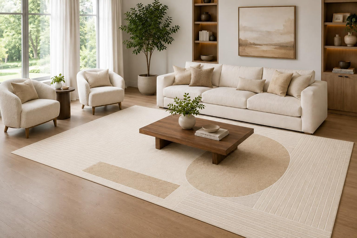 ICE ARMOR Large 6'7" x 9'10" Beige and Ivory Layered Geometric Shapes Area Rug for Living Room, Soft Low Pile Carpet with Non-Slip Silicone Backing, Decor for Bedroom and Home Office