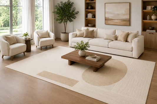 ICE ARMOR Large 6'7" x 9'10" Beige and Ivory Layered Geometric Shapes Area Rug for Living Room, Soft Low Pile Carpet with Non-Slip Silicone Backing, Decor for Bedroom and Home Office