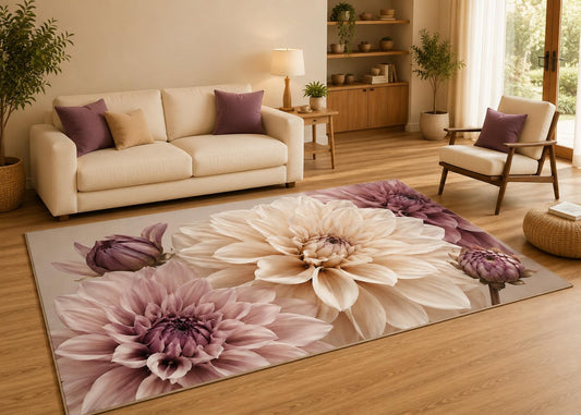 ICE ARMOR 5' x 7' Large Dahlia Floral Area Rug with Non-Slip Silicone Backing Low Pile Soft Carpet for Living Room Bedroom Blush Pink Beige Decor