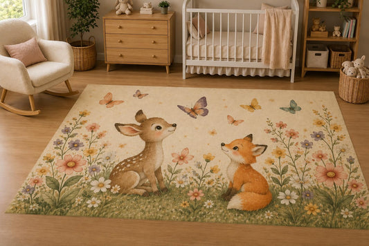 ICE ARMOR 5' x 7' Baby Deer and Fox Butterfly Meadow Area Rug for Nursery, Soft Low Pile Indoor Rug with Non-Slip Silicone Backing, Kids Room, Playroom, Kids & Pets, Beige Pastel