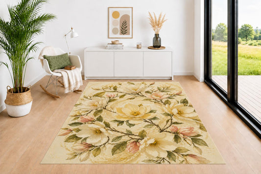ICE ARMOR 5' x 7' Magnolia Blossom Area Rug for Living Room, Soft Low Pile Indoor Rug with Non-Slip Backing, Vintage Floral Carpet for Bedroom, Dining Room, Office, Cream Pink