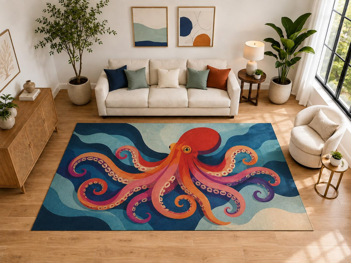 ICE ARMOR "Ultra Light Weight Large 6'7" x 9'10" Modern Octopus Wave Rug for Kids Room, Soft Low Pile Indoor Rug and Non-Slip Silicone Backing, Blue