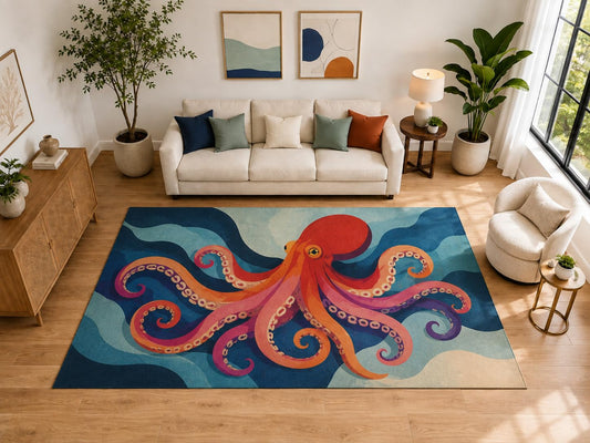 ICE ARMOR "Ultra Light Weight Large 6'7" x 9'10" Modern Octopus Wave Rug for Kids Room, Soft Low Pile Indoor Rug and Non-Slip Silicone Backing, Blue
