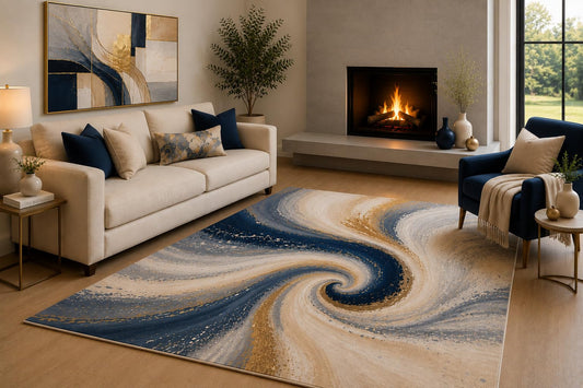 ICE ARMOR 6'7" x 9'10" Navy Swirl Area Rug for Living Room, Soft Low Pile Indoor Rug with Non-Slip Silicone Backing, Large Decorative Carpet for Bedroom, Dining Room and Office, Multicolored