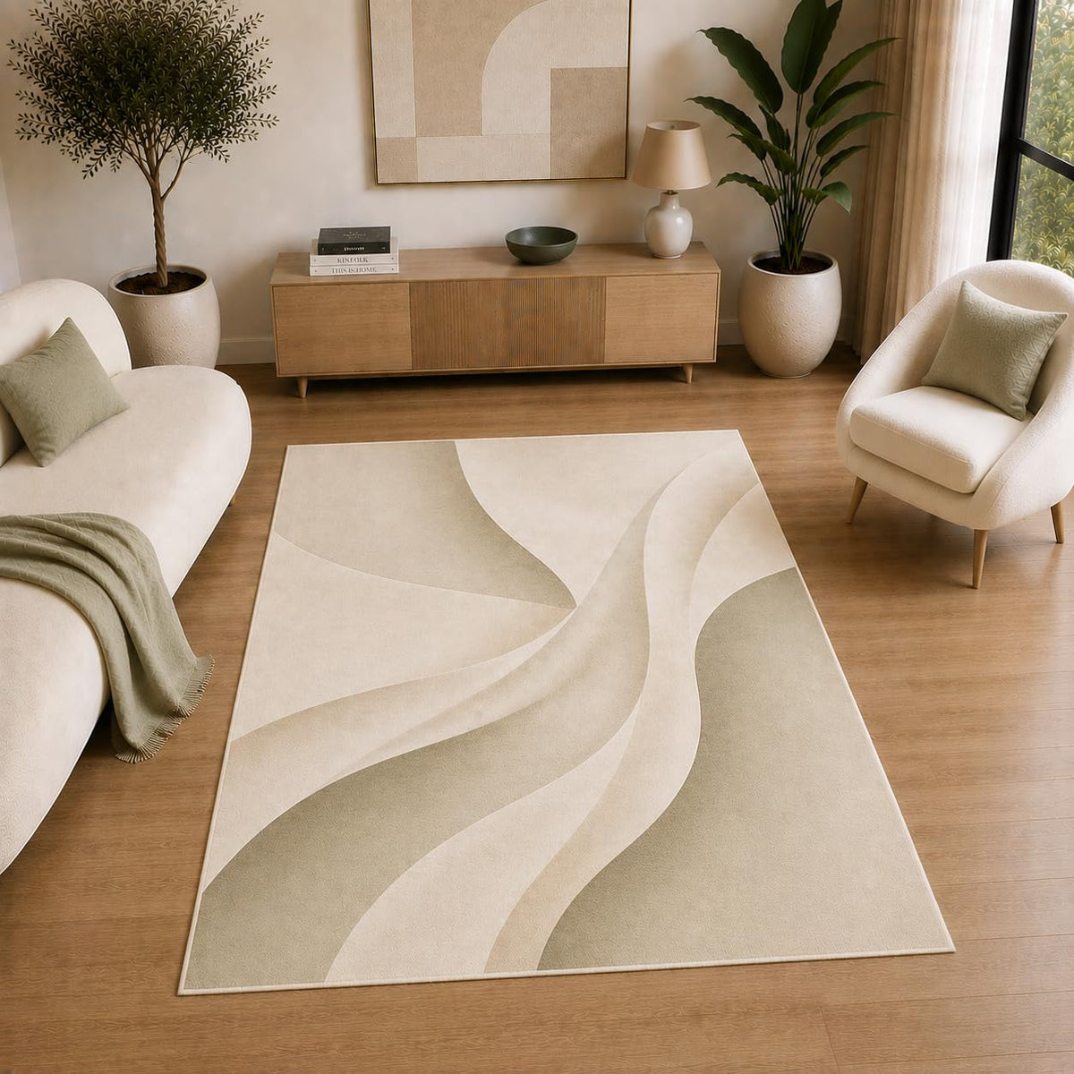 ICE ARMOR 5' x 7' Modern Flowing Wave Area Rug for Living Room, Soft Low Pile Indoor Rug with Non-Slip Silicone Backing, Decorative Carpet for Bedroom, Office, Family Room, Beige
