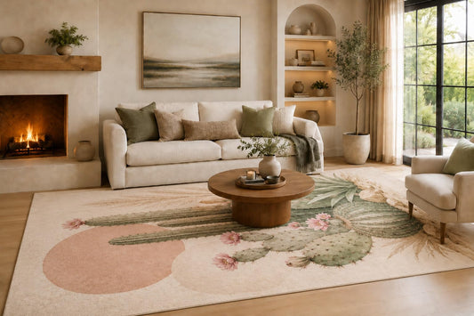 ICE ARMOR 6'7" x 9'10" Cream Blush and Sage Cactus Area Rug with Desert Blooms and Soft Geometric Circles, Soft Low Pile Non-Slip Indoor Carpet for Living Room and Bedroom