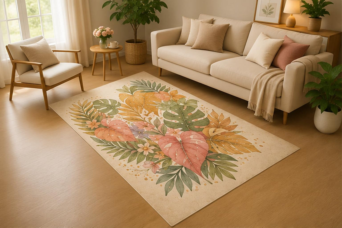 ICE ARMOR 5' x 7' Tropical Botanical Leaves Area Rug, Soft Low Pile Indoor Rug with Non-Slip Silicone Backing for Living Room, Bedroom, Office, Family Room, Green Peach Beige