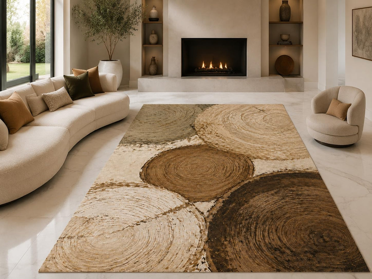 ICE ARMOR "Ultra Lightweight Large 6'7" x 9'10" Tree Ring Circles Area Rug for Living Room, Bedroom and Home Office, Soft Low Pile Carpet with Non-Slip Silicone Backing, Brown and Cream