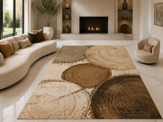 ICE ARMOR "Ultra Lightweight Large 6'7" x 9'10" Tree Ring Circles Area Rug for Living Room, Bedroom and Home Office, Soft Low Pile Carpet with Non-Slip Silicone Backing, Brown and Cream