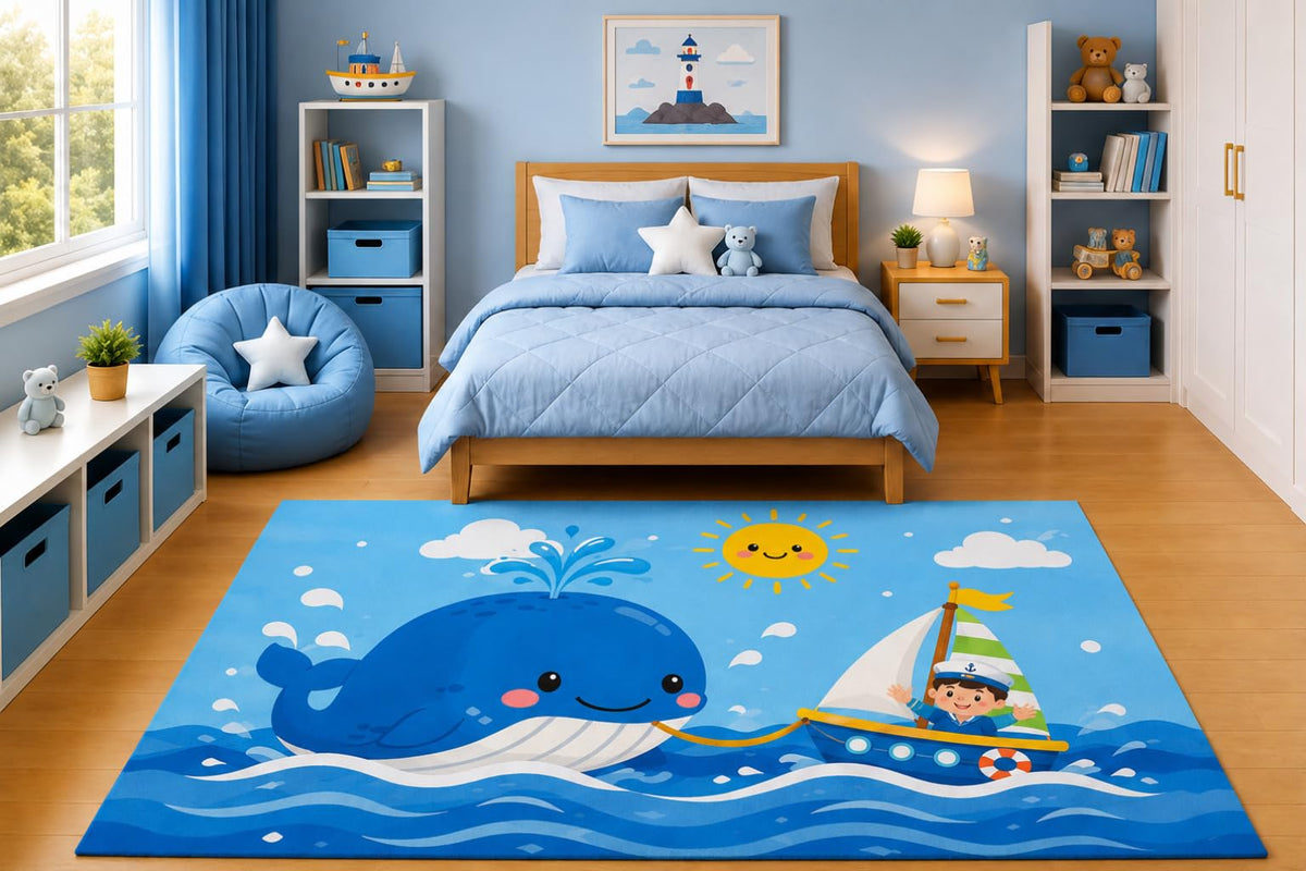 ICE ARMOR 5' x 7' Cute Whale Pulling Sailboat Area Rug for Boys Bedroom Nursery Playroom Scandinavian Minimalist Ocean Adventure Coastal Decor Non-Slip Silicone Backing Low Pile