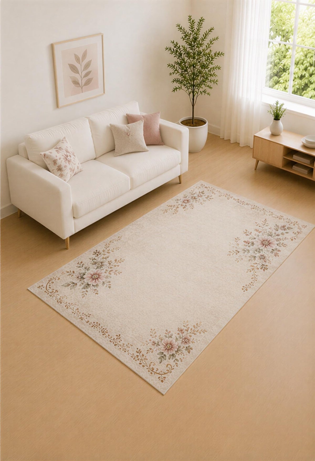 ICE ARMOR "Ultra Lightweight 5' x 7' Cream and Blush Vine Garden Border Area Rug for Living Room, Bedroom and Home Office, Soft Low Pile Carpet with Non-Slip Silicone Backing