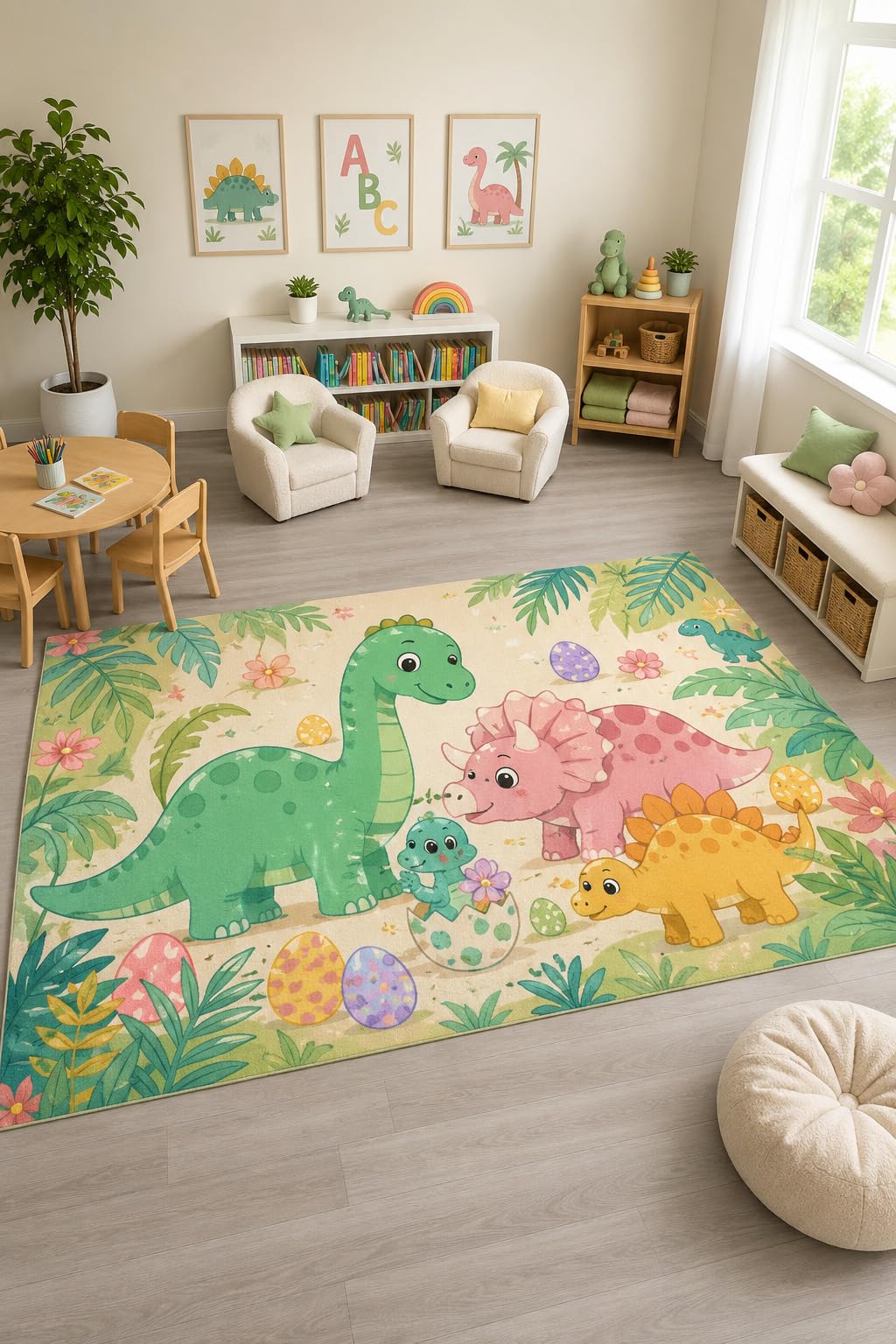 ICE ARMOR "Ultra Light Weight Large 6'7" x 9'10" Dinosaur Egg Jungle Rug, Soft Low Pile Indoor Rug, Non-Slip Silicone Backing Nursery Kids Green