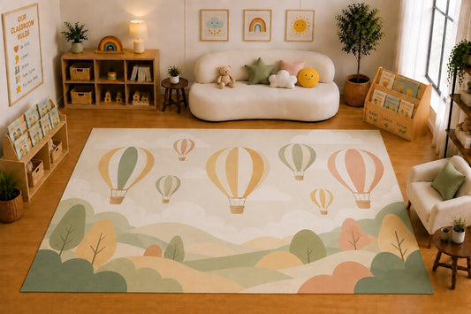 ICE ARMOR Large 6'7" x 9'10" Hot Air Balloon Area Rug for for Kids Room, Classroom, Bedroom, Playroom Decor, Soft Low Pile Indoor Rug with Non-Slip Silicone Backing, Cream Pastel Multicolor