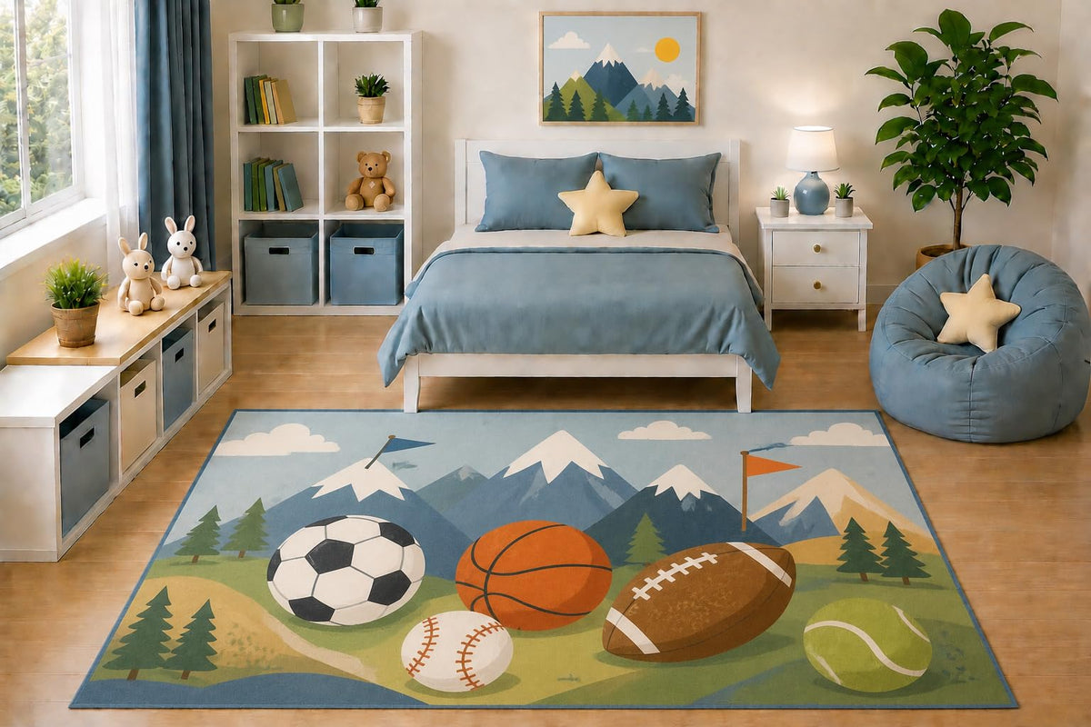 ICE ARMOR 5' x 7' Kids Area Rug Mountain Sports Adventure Rug Basketball Soccer Football Baseball Tennis Bedroom Playroom Nursery Decor Non-Slip Silicone Backing Low Pile