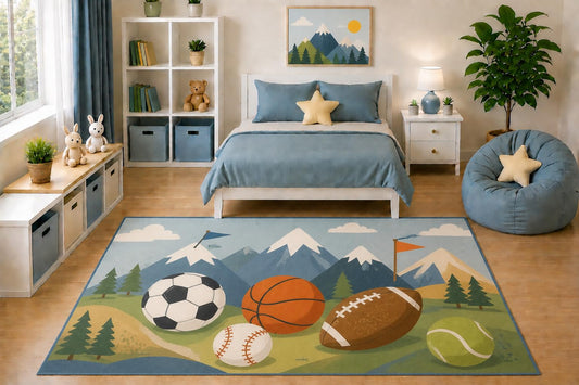 ICE ARMOR 5' x 7' Kids Area Rug Mountain Sports Adventure Rug Basketball Soccer Football Baseball Tennis Bedroom Playroom Nursery Decor Non-Slip Silicone Backing Low Pile