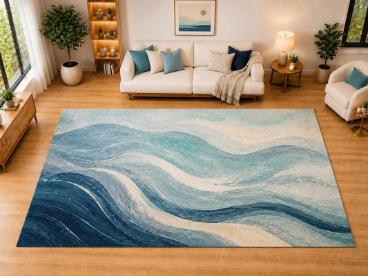 ICE ARMOR "Ultra Light Weight Large 6'7" x 9'10" Abstract Ocean Wave Area Rug for Living Room, Bedroom, Dining Room, Soft Low Pile Non-Slip Backing, Blue Aqua