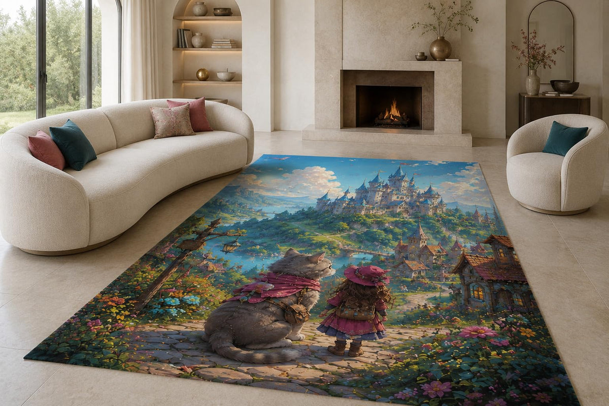 ICE ARMOR "Ultra Lightweight Large 6'7" x 9'10" Cat Girl Castle Journey Area Rug for Living Room, Bedroom and Home Office, Soft Low Pile Carpet with Non-Slip Silicone Backing, Teal and Pink