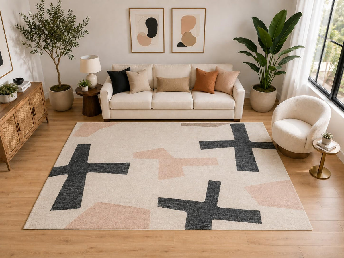 ICE ARMOR Large 6'7" x 9'10" Abstract Cross Block Area Rug for for Bedroom, Living Room, Soft Low Pile Indoor Rug with Non-Slip Silicone Backing, Ivory Charcoal Blush