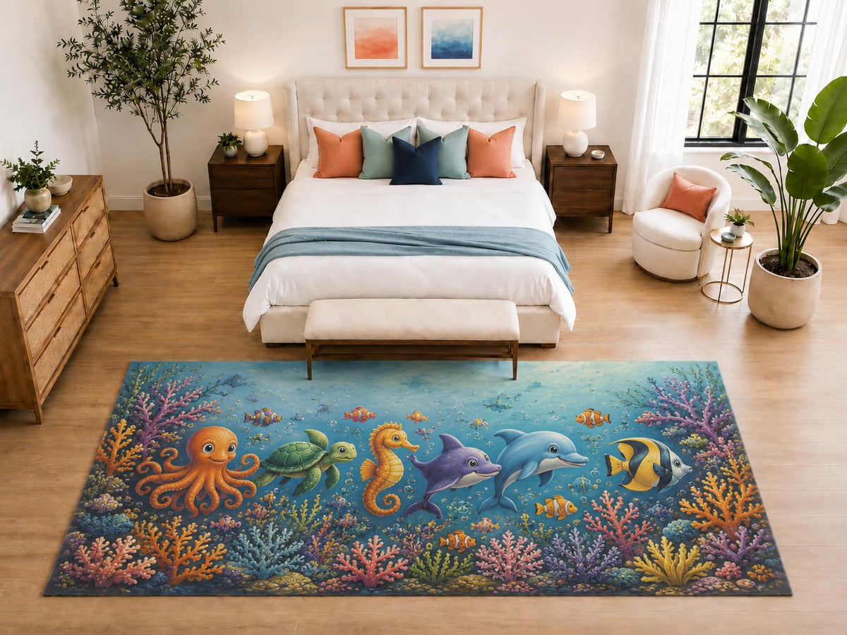 ICE ARMOR "Ultra Light Weight Large 6'7" x 9'10" Cute Ocean Animals Rug for Kids Room, Soft Low Pile Indoor Rug and Non-Slip Silicone Backing, Aqua