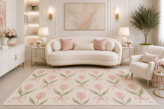 ICE ARMOR "Ultra Light Weight 5' x 7' Pink Tulip Bow Pattern Area Rug, Soft Botanical Cottagecore Floral Rug for Living Room Bedroom Nursery, Non-Slip Silicone Backing Low Pile