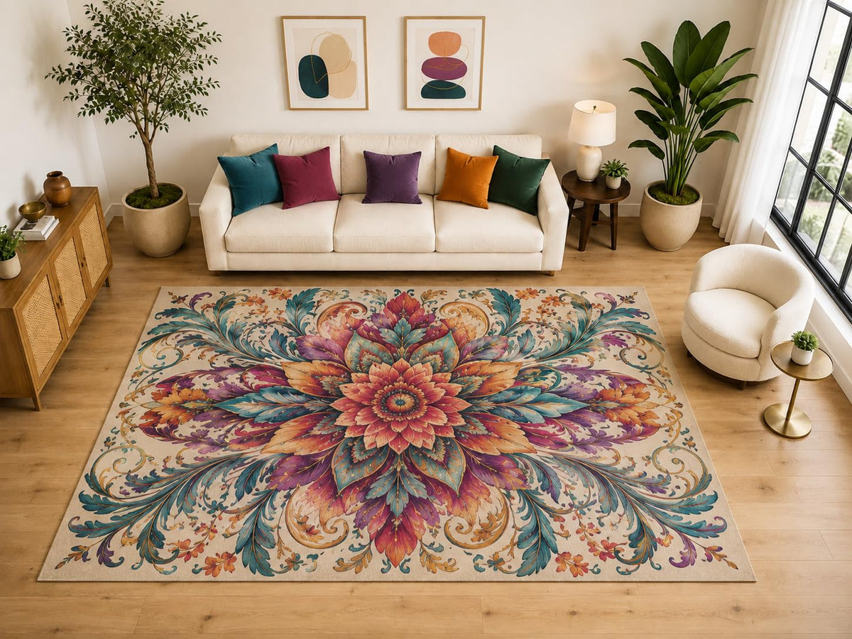 ICE ARMOR "Ultra Light Weight Large 6'7" x 9'10" Boho Floral Bloom Rug, Soft Low Pile Indoor Rug, Non-Slip Silicone Backing for Dining Room Beige