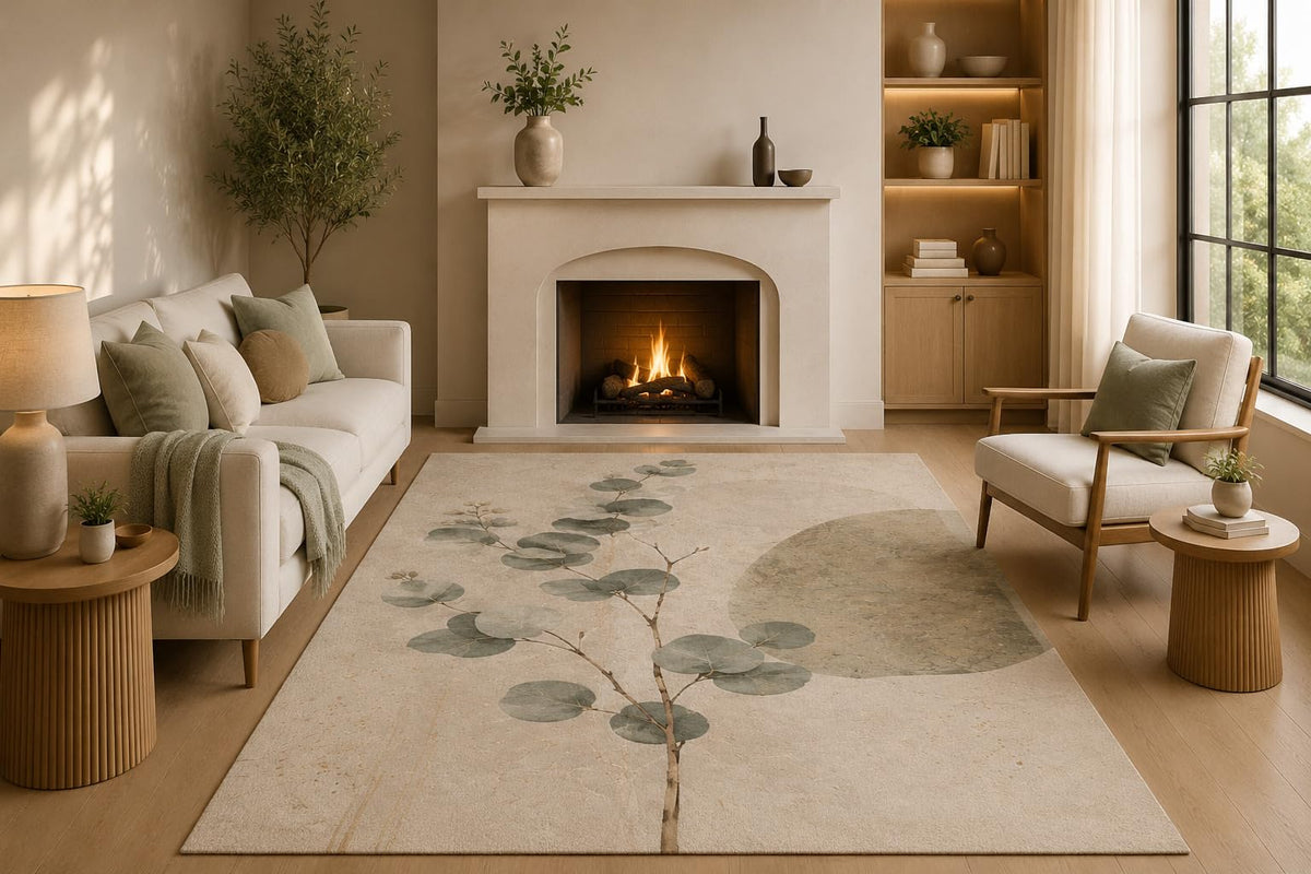 ICE ARMOR 5' x 7' Botanical Eucalyptus Area Rug with Non-Slip Silicone Backing Low Pile Soft Carpet for Living Room Bedroom Office Minimalist Leaf Branch Decor
