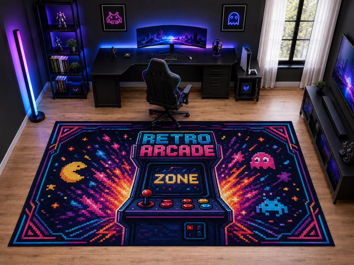 ICE ARMOR "Ultra Light Weight Large 6'7" x 9'10" Retro Arcade Machine Area Rug for Kids Room Playroom, Soft Low Pile Indoor Rug and Non-Slip Silicone Backing, Black