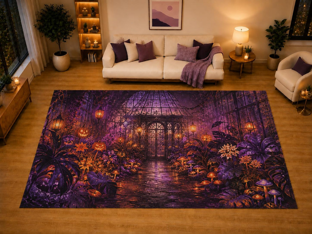 ICE ARMOR "Ultra Light Weight Large 6'7" x 9'10" Halloween Greenhouse Area Rug for Living Room Bedroom Dining Area, Soft Low Pile Non-Slip Backing, Purple Orange Black Botanical Spooky Decor