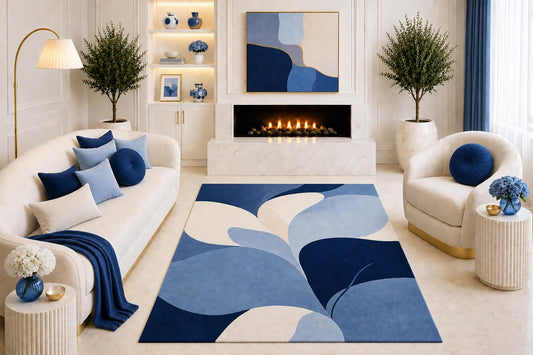 ICE ARMOR "Ultra Light Weight 5' x 7' Navy Blue Abstract Floral Area Rug, Modern Oversized Petal Design for Living Room Bedroom Dining Room, Non-Slip Silicone Backing Low Pile