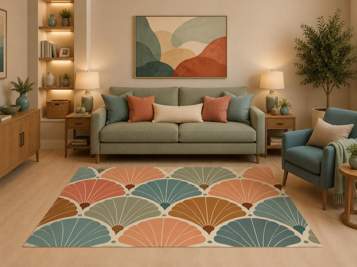 ICE ARMOR 5' x 7' Scandinavian Geometric Fan Pattern Area Rug Mid Century Modern Shell Motif Design for Living Room Bedroom Dining Room Office Non-Slip Silicone Backing Low Pile
