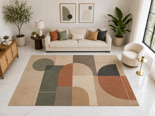ICE ARMOR "Ultra Light Weight Large 6'7" x 9'10" Mid Century Geometric Rug, Soft Low Pile Indoor Rug, Non-Slip Silicone Backing for Living Room Beige