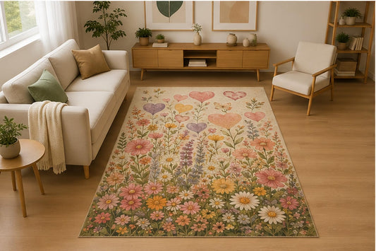 ICE ARMOR 5' x 7' Wildflower Heart Meadow Area Rug for Living Room, Soft Low Pile Indoor Rug with Non-Slip Silicone Backing, Decorative Carpet for Bedroom, Nursery, Kids & Pets, Cream Multicolor