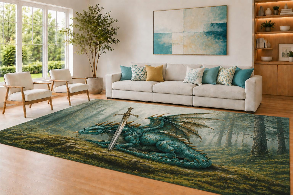 ICE ARMOR Large 6'7" x 9'10" Teal and Silver Sword Dragon Area Rug for Living Room, Soft Low Pile Carpet with Non-Slip Silicone Backing, Decor for Bedroom and Home Office